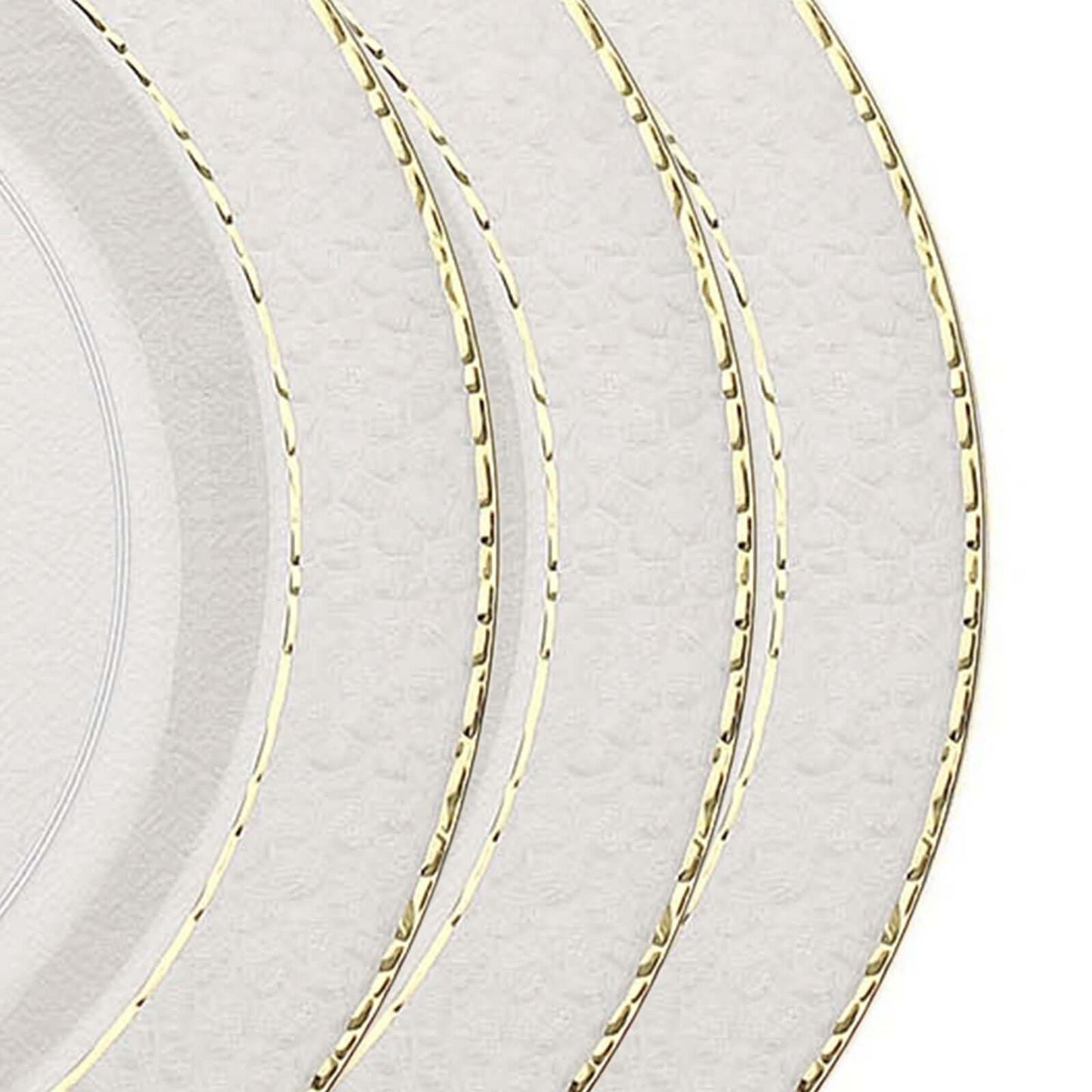 10-Pack Plastic 10" Round Dinner Plates in Clear Hammered Design with Gold Rim - Disposable Party Plates for Chic Banquets & Special Occasions