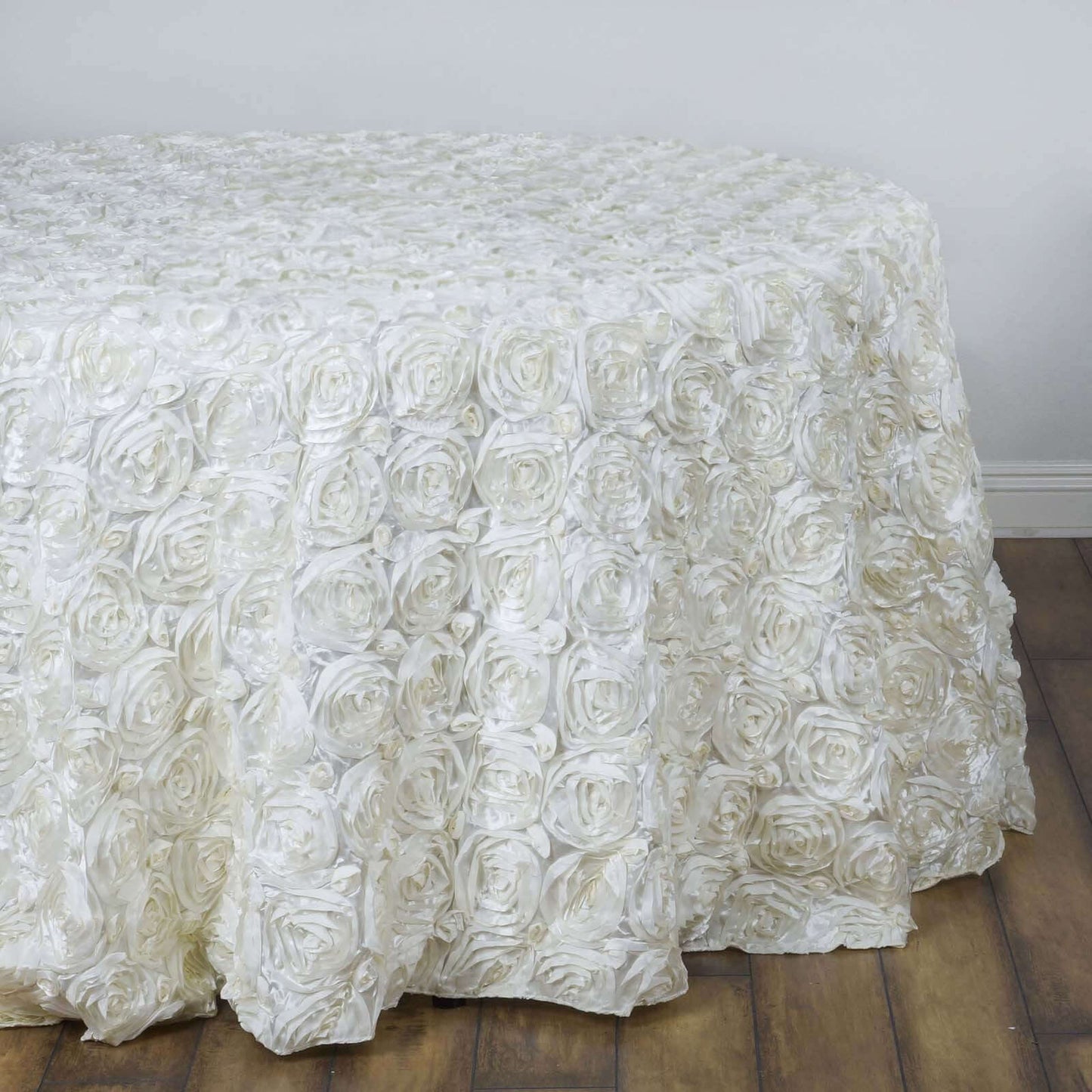 Satin 132" Round Tablecloth Ivory - Seamless Grandiose 3D Rosette Table Cover