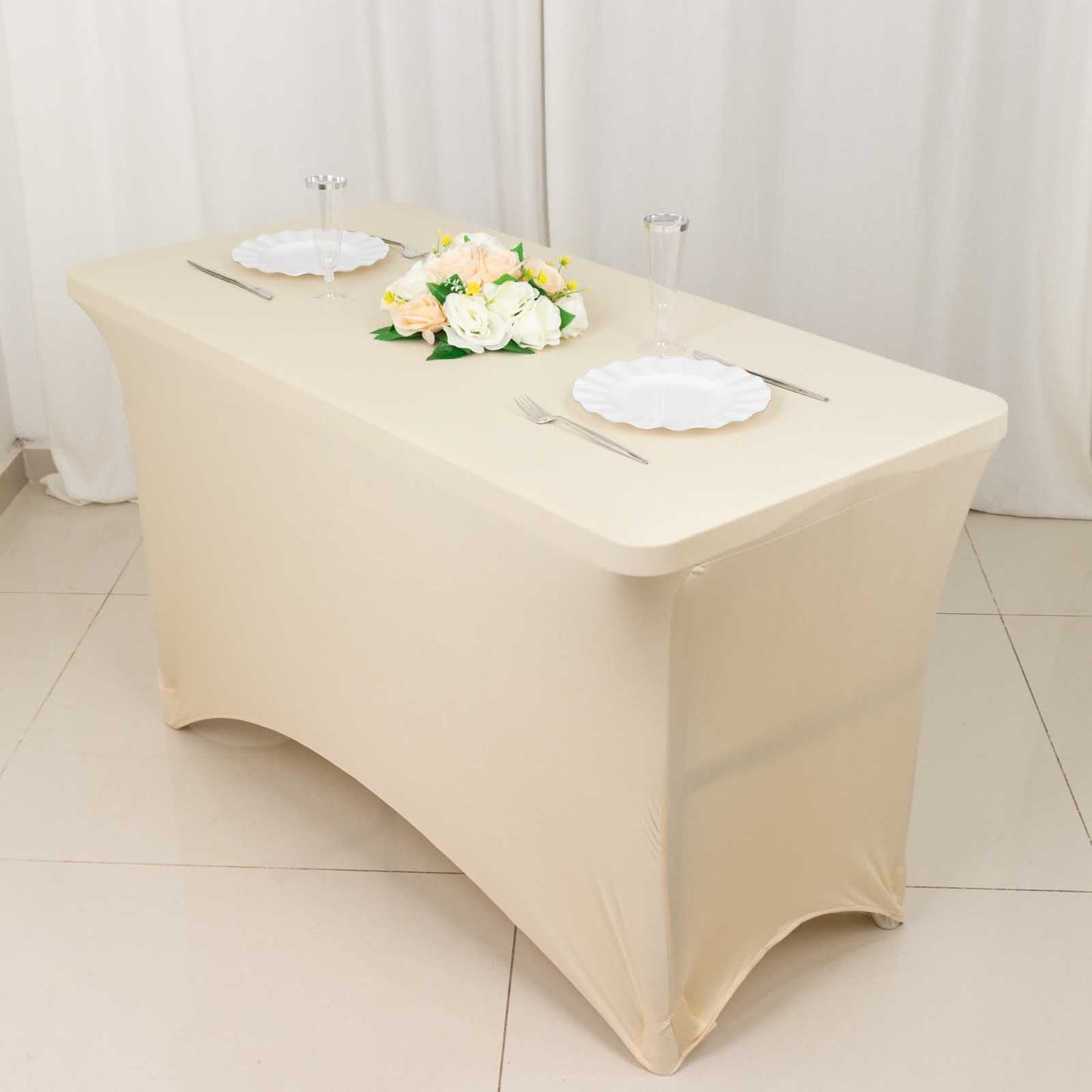 Stretch Spandex 48"x30" Rectangle Tablecloth Beige - Durable Form-Fitting Table Cover