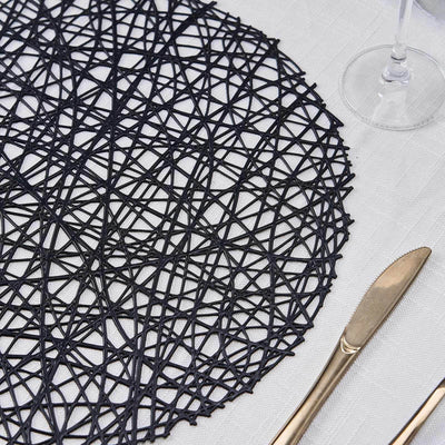6-Pack Vinyl Placemats Black Woven Design - Durable Non-Slip Round Table Mats for Dining 15"