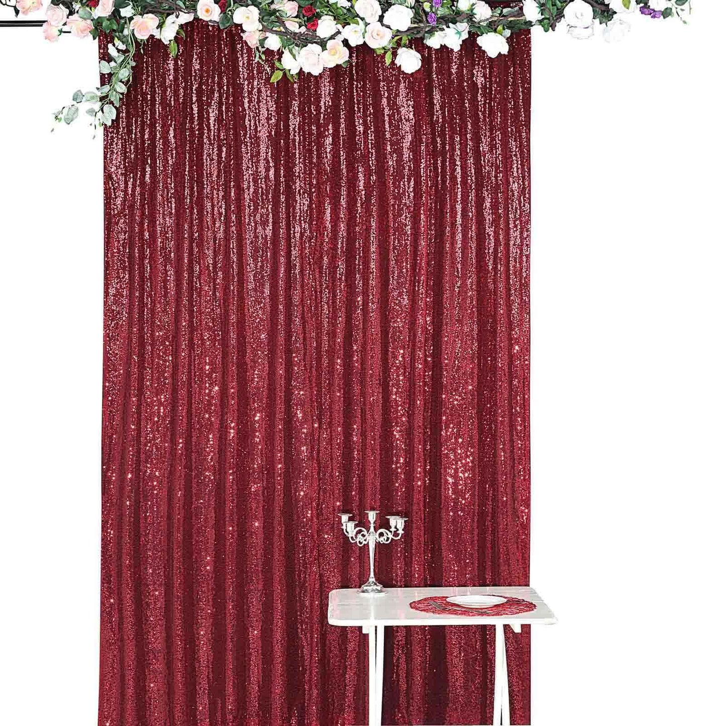 8ftx8ft Burgundy Sequin Event Curtain Drapes, Backdrop Event Panel