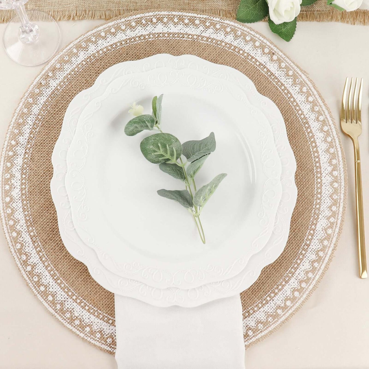 4-Pack Placemats Braided Design Natural Jute and White Round - Rustic Burlap Woven Table Mats 15"