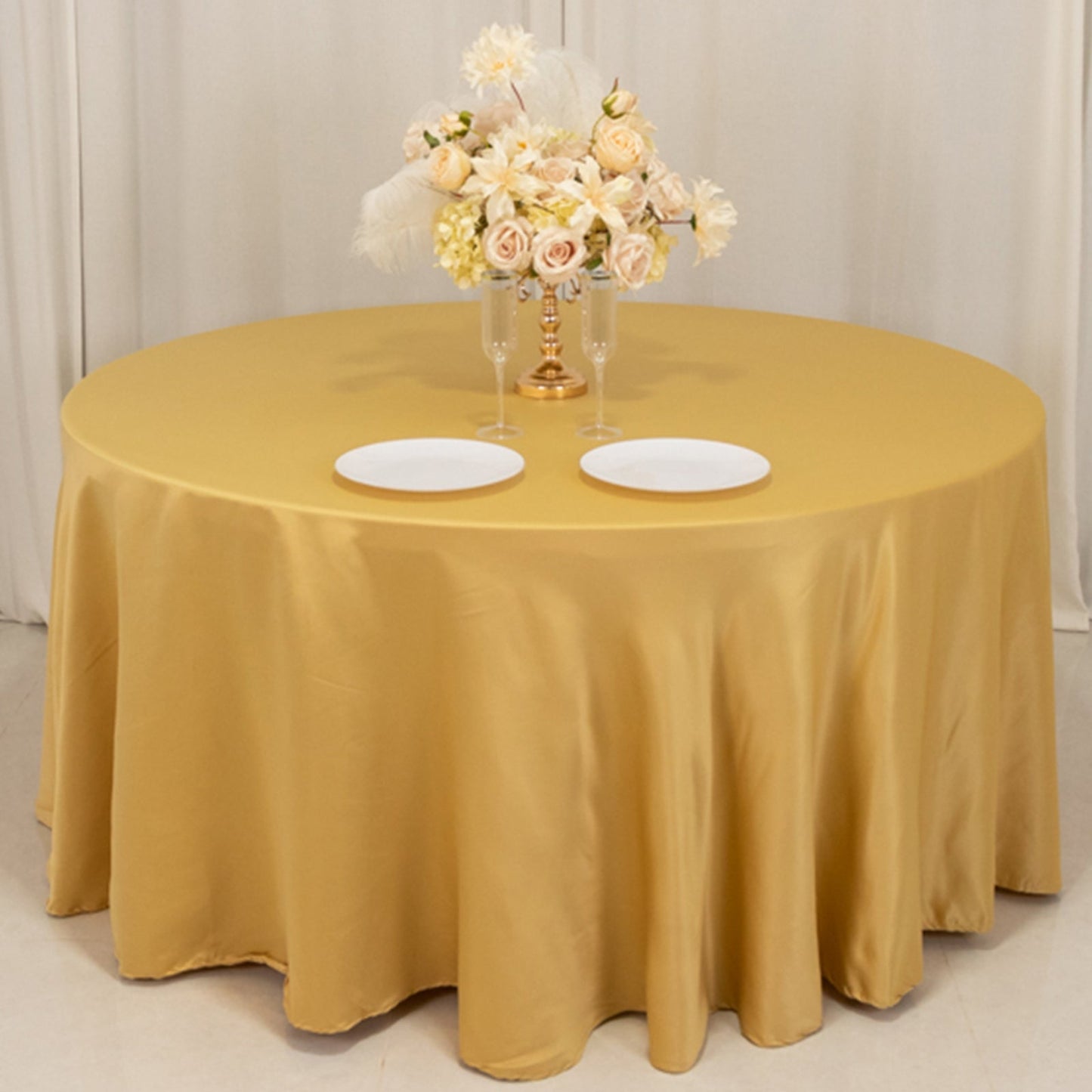Lamour Satin 120" Round Tablecloth Champagne - Seamless Table Cover with Soft Tempered Sheen