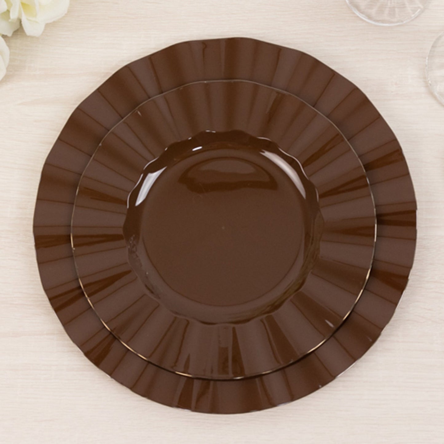 10-Pack Plastic 9" Round Dinner Plates in Cinnamon Brown Ruffled Rim with Gold Edging - Sturdy Disposable Dinnerware