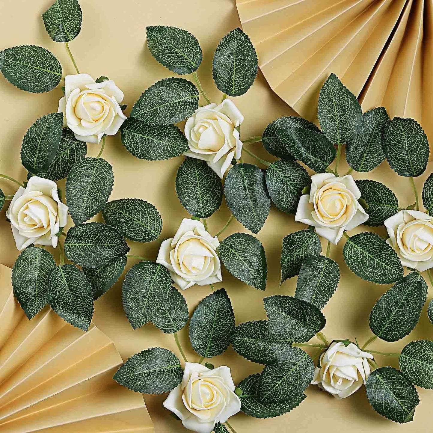 24 Roses 2" Cream Artificial Foam Flowers With Stem Wire and Leaves