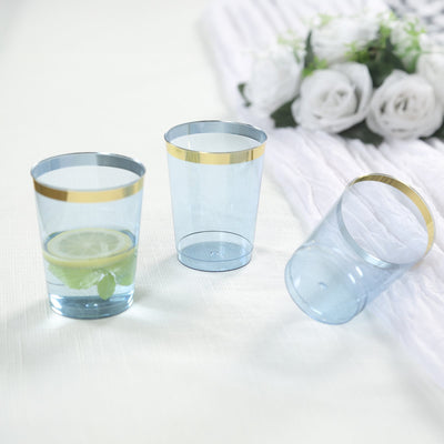 25-Pack Plastic Tumbler Cups Transparent Dusty Blue with Gold Rim - Stylish Disposable Party Glasses 10oz
