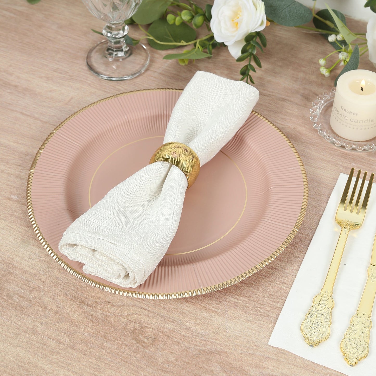 25-Pack Paper 10" Round Dinner Plates in Dusty Rose Sunray Design with Gold Rim - Disposable Heavy Duty 350GSM Party Plates