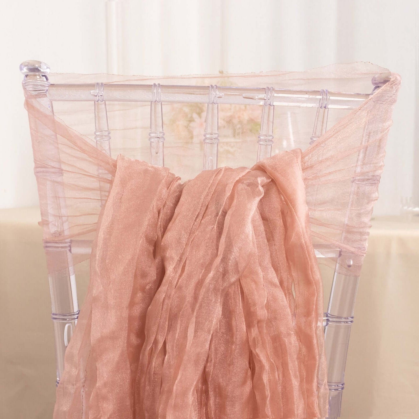 5 Pack Crinkled Organza Chair Sashes Dusty Rose with Shimmer Chiffon Layers - Stylish Sheer Decor
