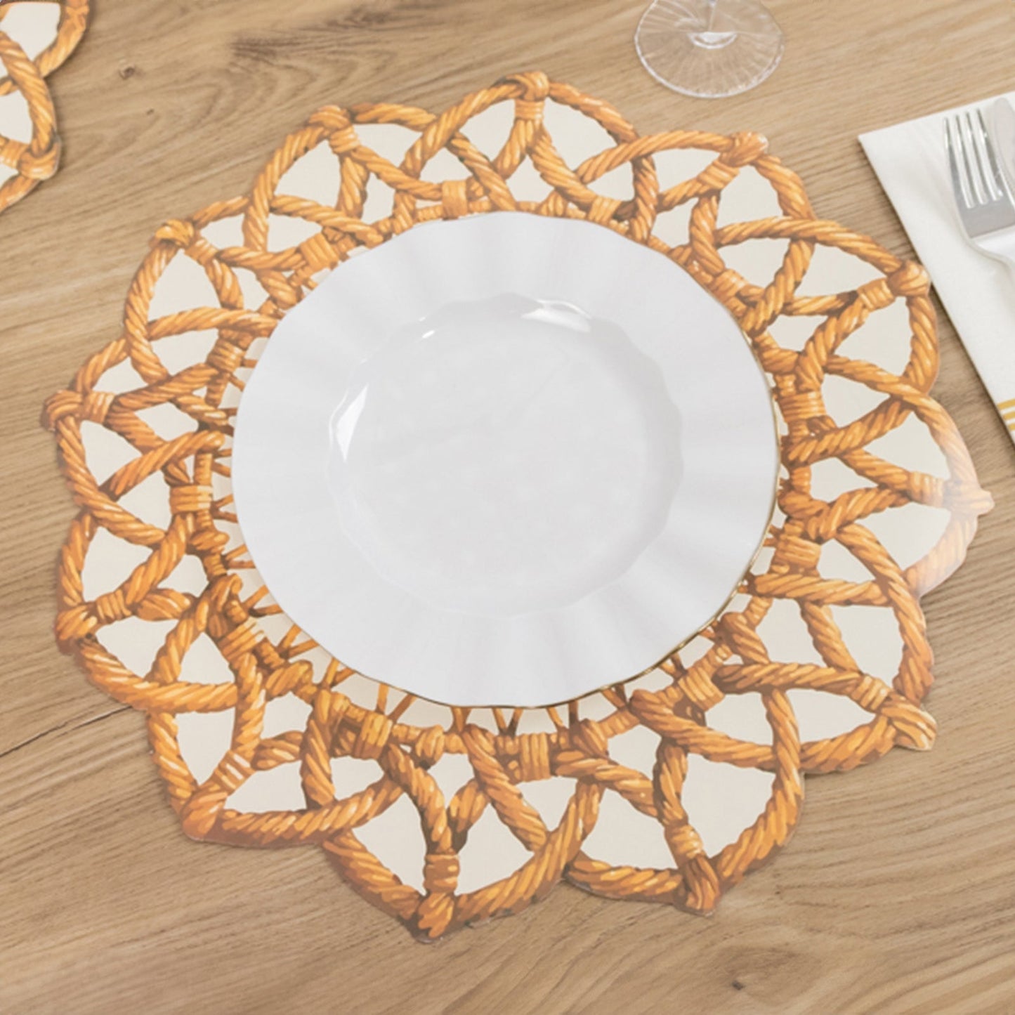 10-Pack Disposable Table Placemats in Brown with Die-Cut Rattan Weave Print - Large Rustic Farmhouse Scalloped Rim Floral Paper Placemats 16"