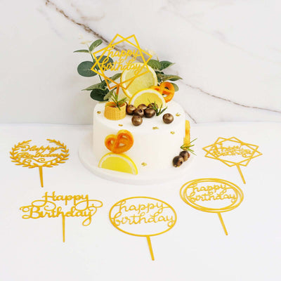 6-Pack Acrylic Happy Birthday Cake Toppers Gold Assorted Styles - Fun Reusable Cake Inserts for DIY Party Decoration Supplies