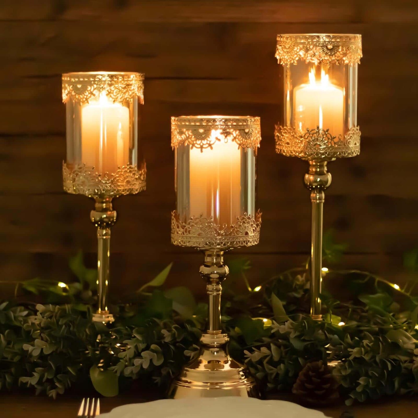 Set of 3 Lace Votive Candle Stands Antique Gold with Hurricane Glass Shades - Refined Pillar Candle Holders 13", 15", 17"