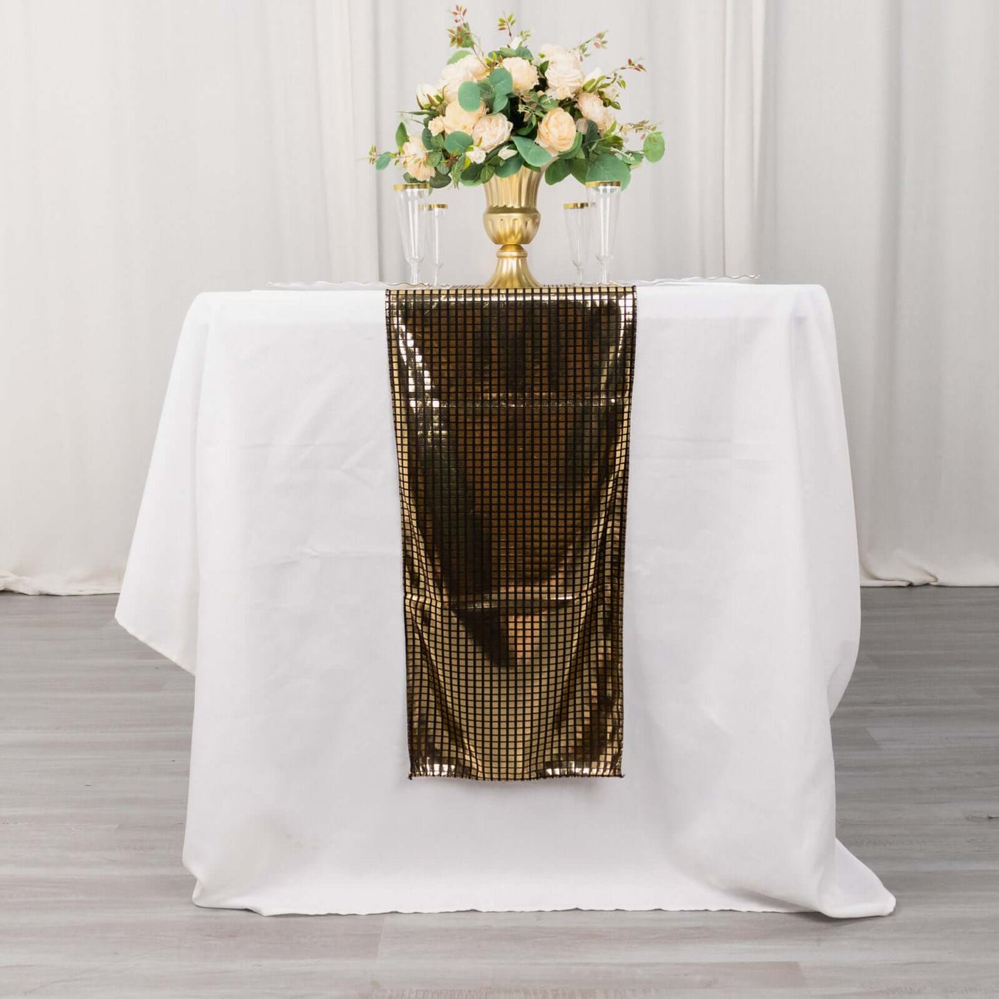 Mirror Foil Polyester 12"x108" Table Runner Black with Gold Metallic Square - Shiny Disco Theme Party Table Decor