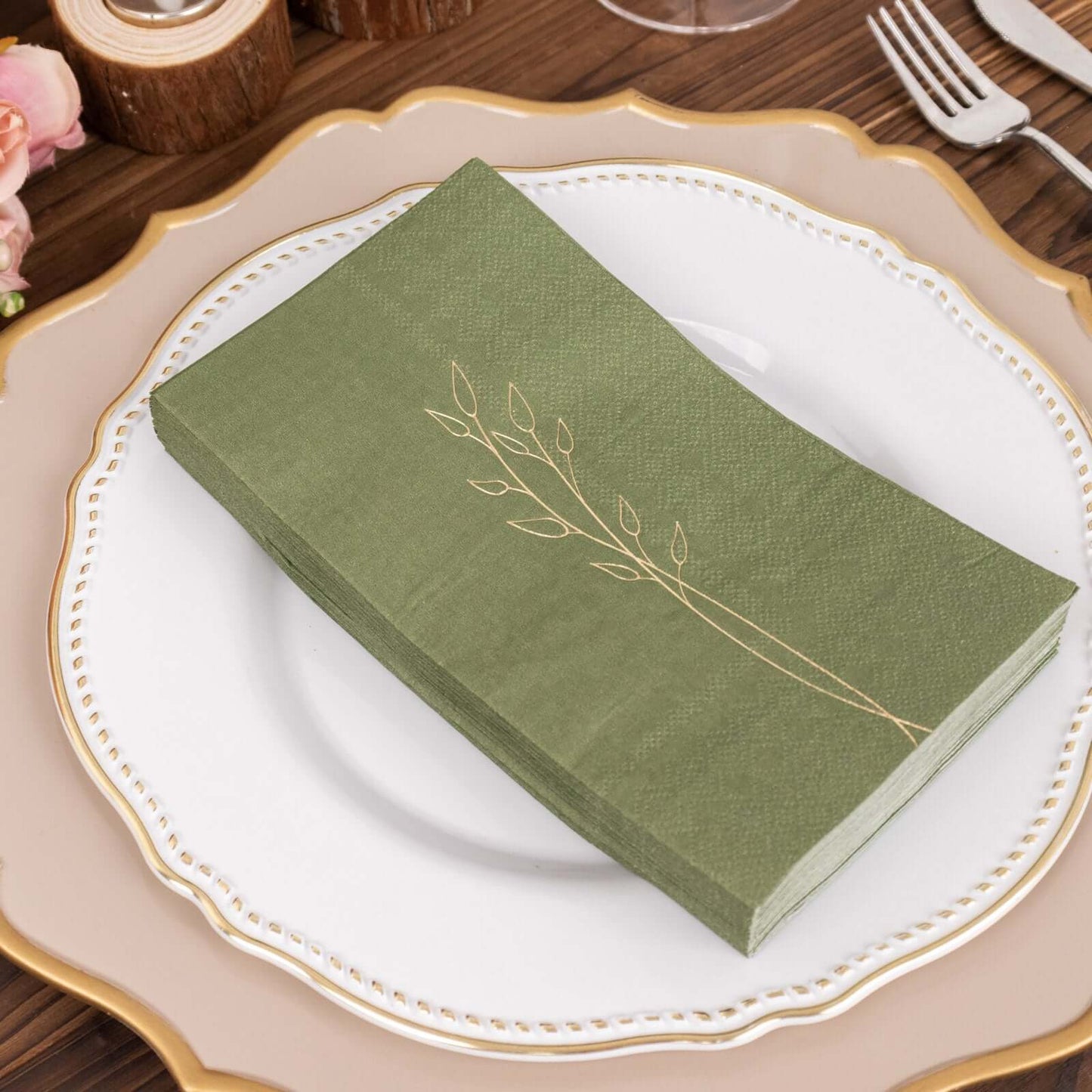 50-Pack Paper Dinner Napkins Dusty Sage Green with Gold Embossed Leaf - Stylish 2-Ply Disposable Napkins for Weddings 18GSM