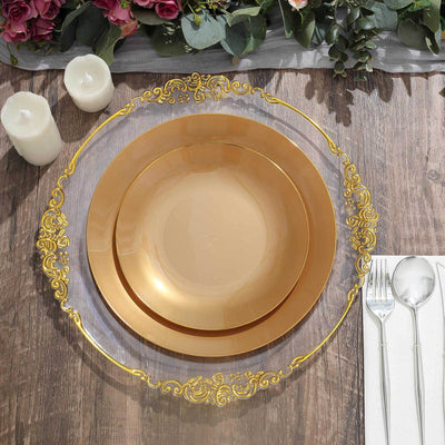 10-Pack Plastic 10" Round Dinner Plates in Gold with Gold Rim - Glossy Disposable Party Plates