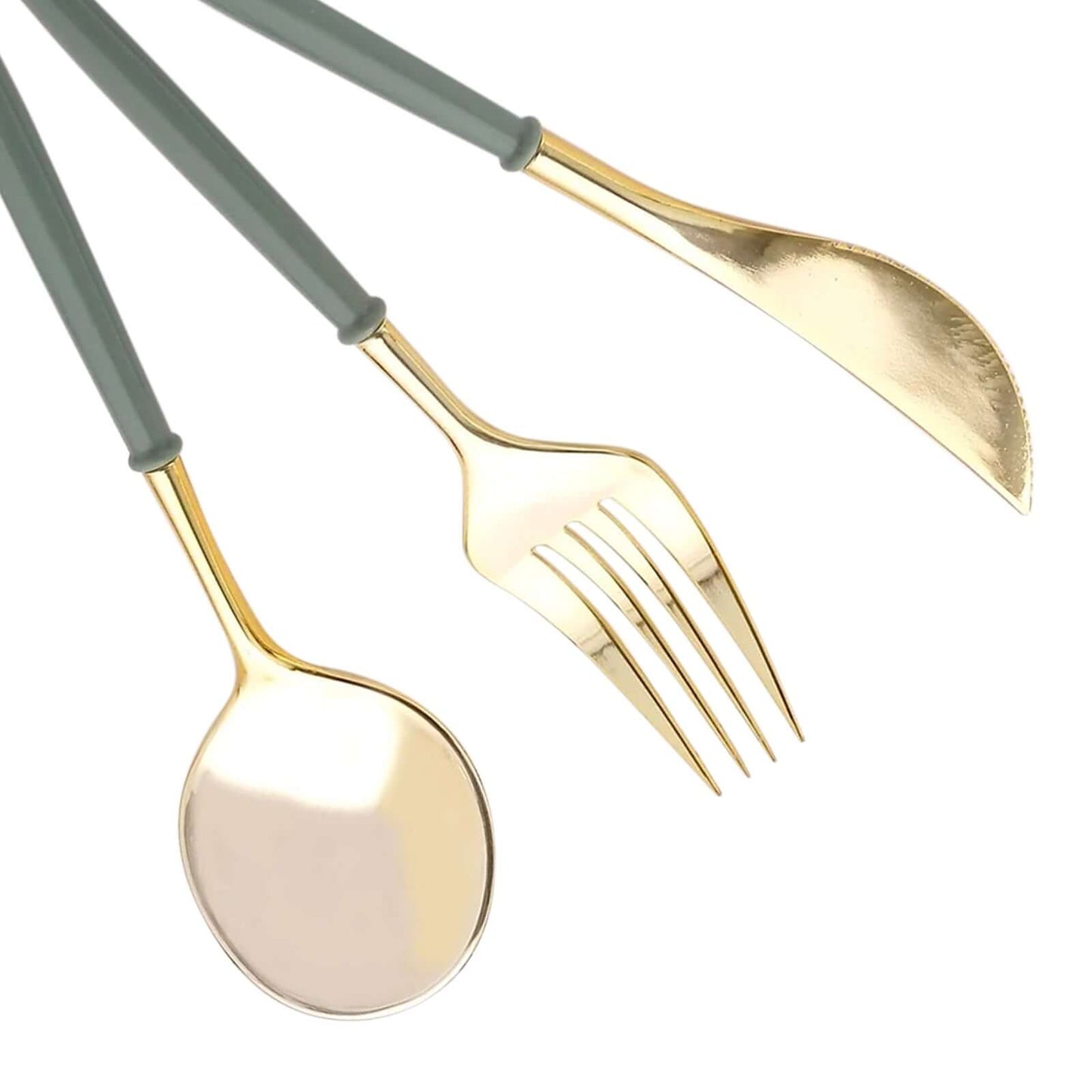 24-Pack Plastic Flatware Set in Metallic Gold with Dusty Sage Green Handle - Heavy Duty Disposable Modern Silverware 8"
