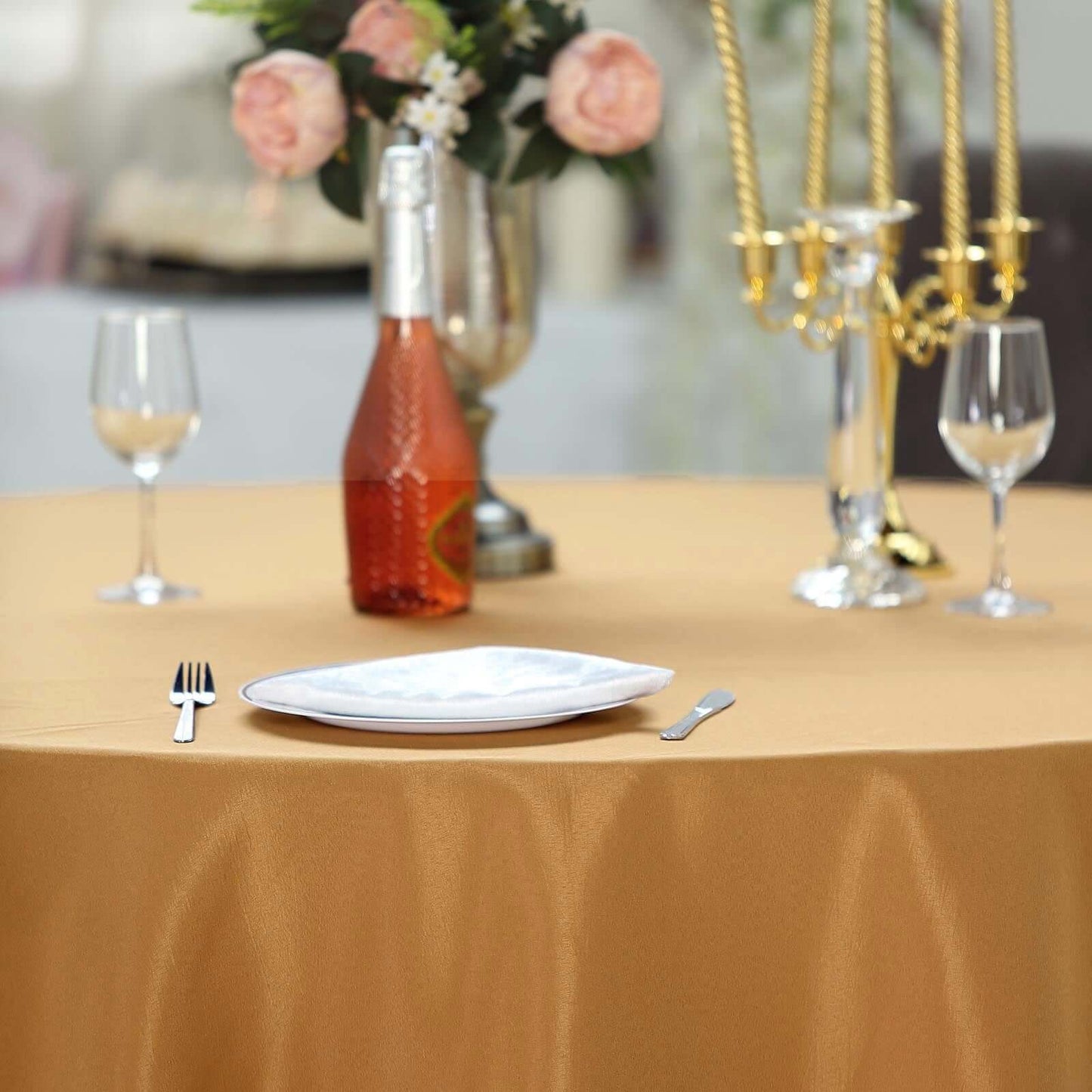 Polyester 132" Round Tablecloth Gold - Seamless Chic Design for Grand Celebrations