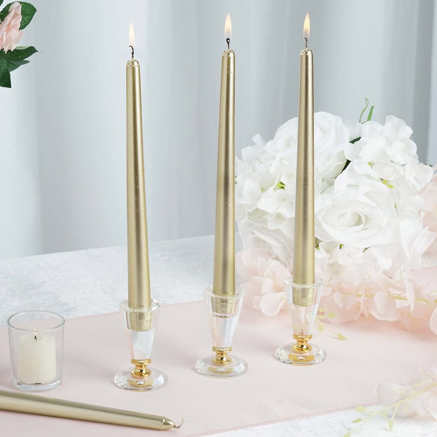 12-Pack Taper Candles Premium Wax Design Metallic Gold - Unscented Candles for Upscale Settings 10"