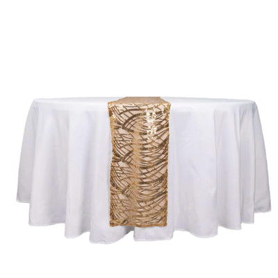Sequin Mesh 12"x108" Table Runner Gold Wave Embroidered Design for Stylish Occasions
