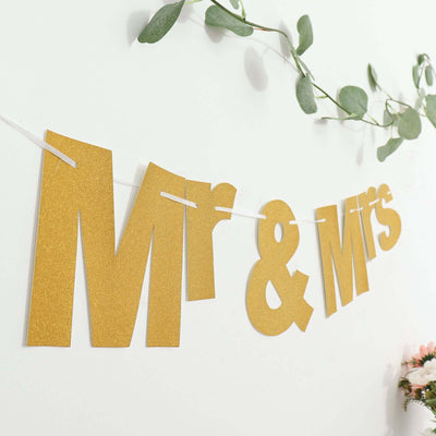 3ft Gold Glittered Mr and Mrs Paper Hanging Wedding Anniversary Banner, Party Garland Banner