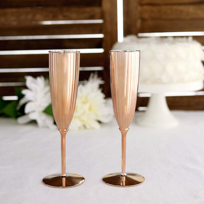 6-Pack Plastic Champagne Flutes in Metallic Rose Gold - Classy Disposable Champagne Glasses for Toasting & Cocktail Parties 5oz