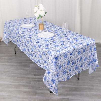 Satin Rectangular 60"x102" Tablecloth White/Blue French Toile Design - Stylish & Wrinkle-Resistant Table Cover