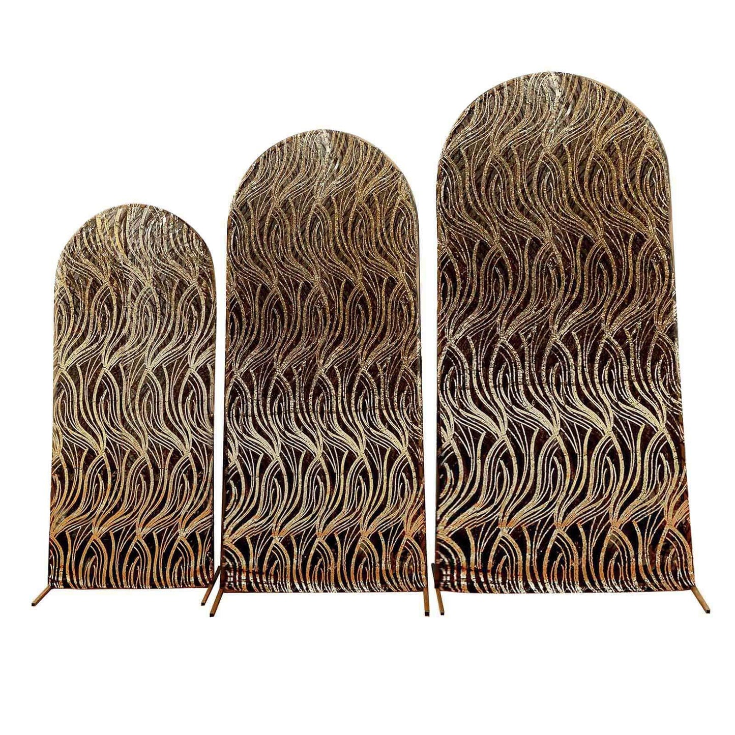 Set of 3 Black Wave Mesh Chiara Wedding Arch Covers With Gold Embroidered Sequins, Fitted Covers For Round Top Backdrop Stands - 5ft,6ft,7ft