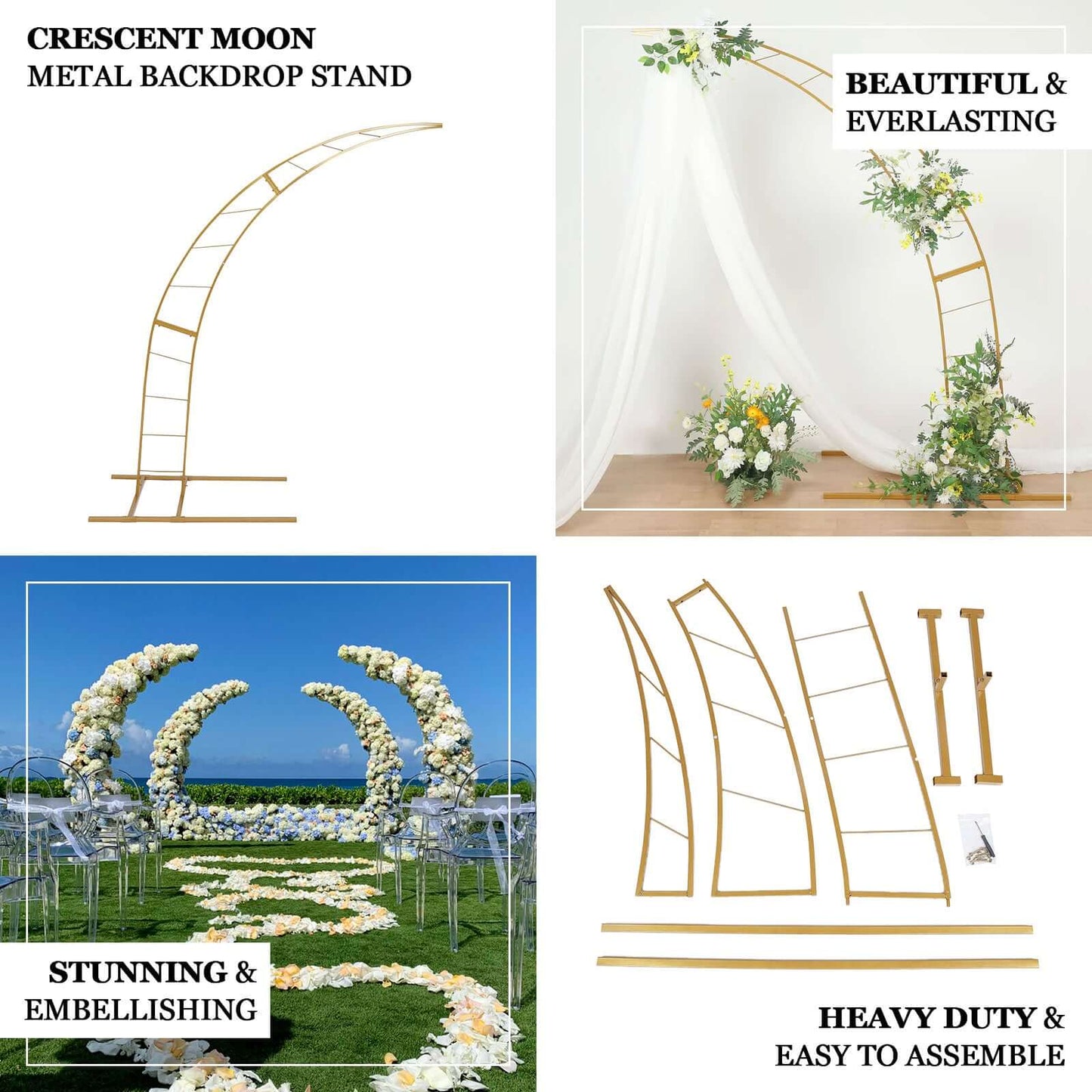 8ft Gold Metal Half Crescent Moon Wedding Arbor Frame, Curved Design Arch Flower Balloon Stand