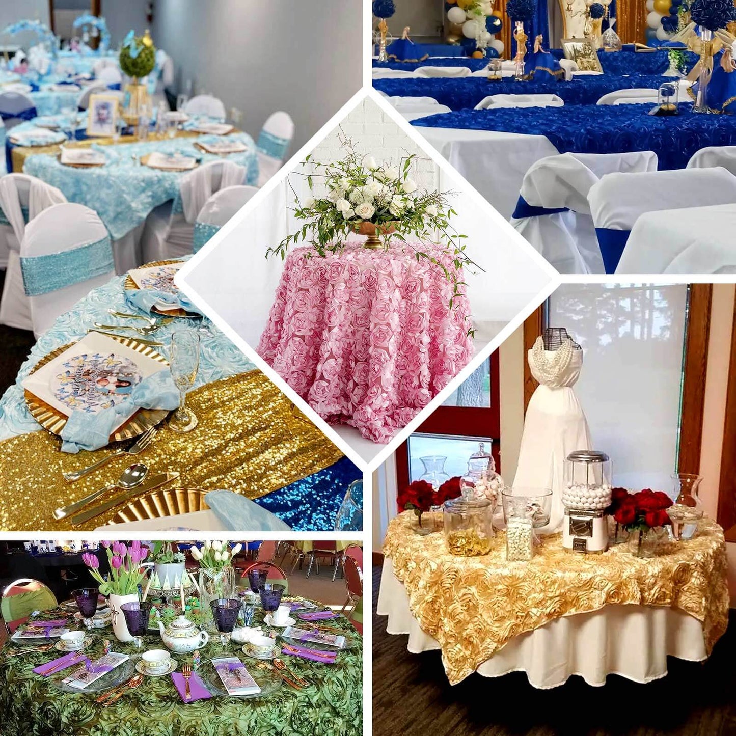 Satin 72"x72" Table Overlay Square Tablecloth White - 3D Rosette Design for Stylish Occasions