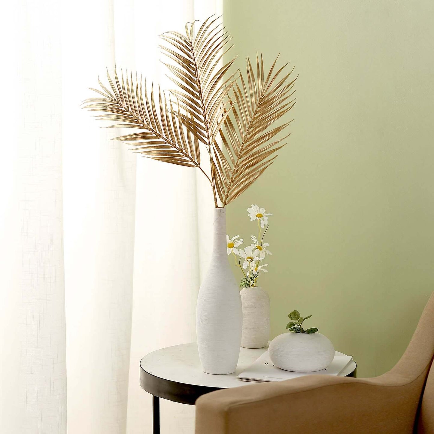 2 Stems Artificial Palm Leaf Branch Metallic Gold - Tropical Faux Stems Vase Filler Floral Backdrop Table Decor 32"