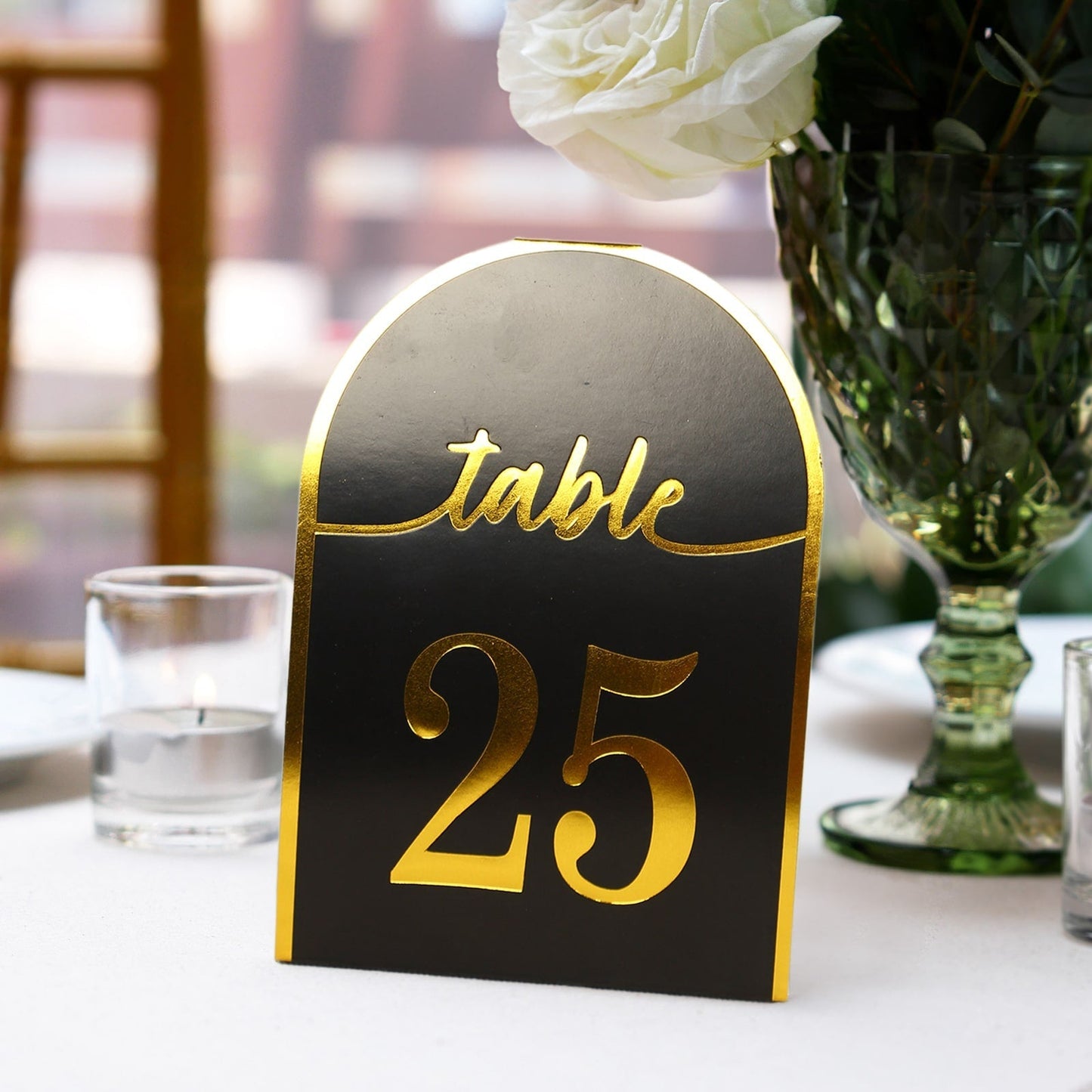 25-Pack 7" Disposable Table Numbers, Black Free Standing Double Sided Table Number Place Cards with Metallic Gold Foil Numbers 1-25