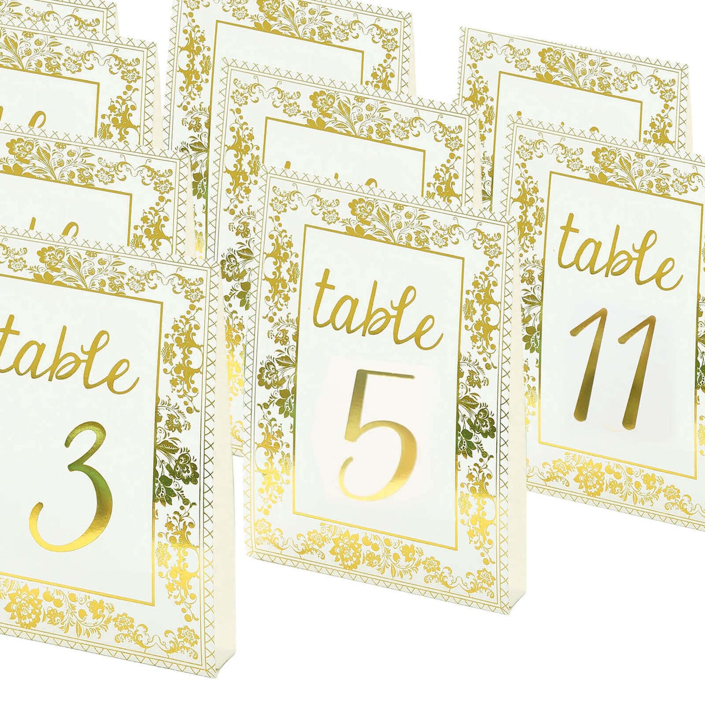 25-Pack Paper Wedding Table Numbers 1-25 White/Metallic Gold French Toile Design with Glam Gold Foil Numbers 7"