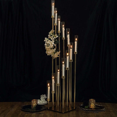 12-Arm Cluster Taper Candle Holder Gold with Clear Glass Shades - Grand Candle Arrangement for Events 57"