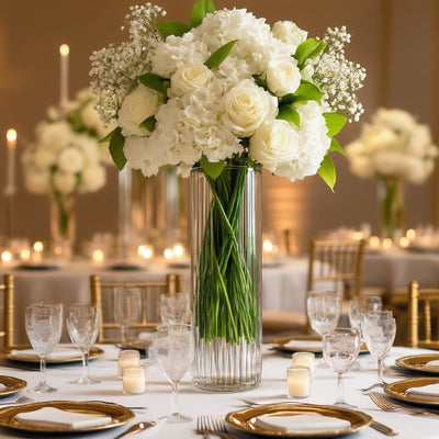 12" Ribbed Cylinder Glass Vases – 6 Pack Clear Tall Vases for Floral Arrangements, Tabletop Decor & Events