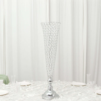 2-Pack Crystal Beaded Trumpet Vase Set Silver - Table Centerpiece for Weddings and Events 32"