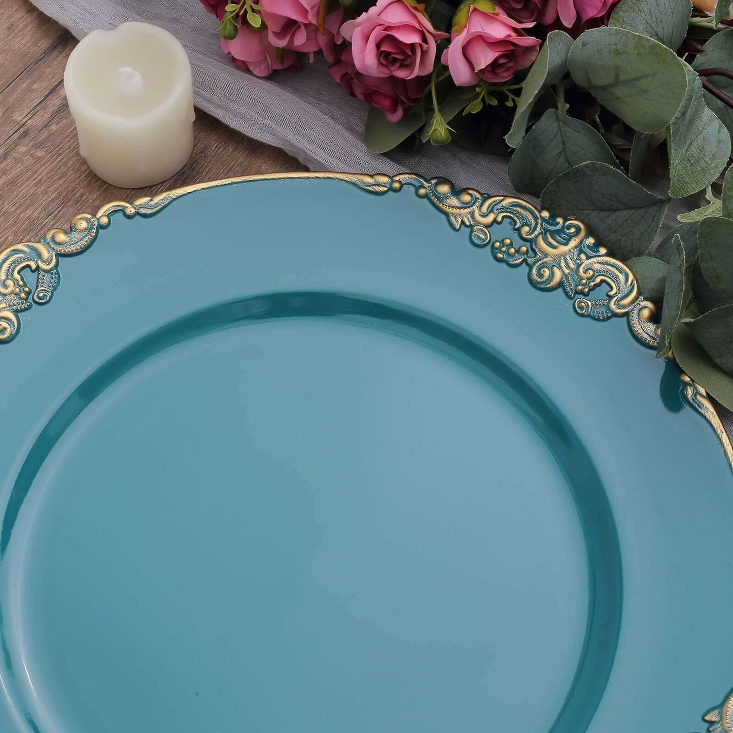 6-Pack Acrylic Round Charger Plates 13" in Peacock Teal with Gold Embossed Baroque Rim, Antique Decorative Dinner Party Charger Tableware