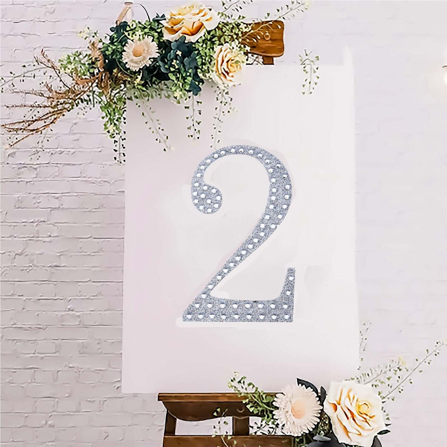 Decorative Rhinestone Number "2" Stickers, Glitter Adhesive Craft Numbers Silver DIY Sparkle Embellishments 8"