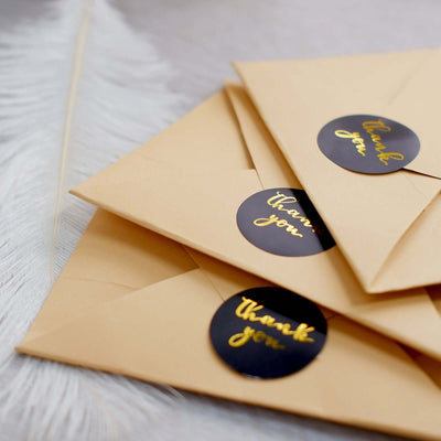 500Pcs 1.5" Thank You Gold Foil Text On Black Stickers Roll Décor Labels and Seals for DIY Envelope - Round