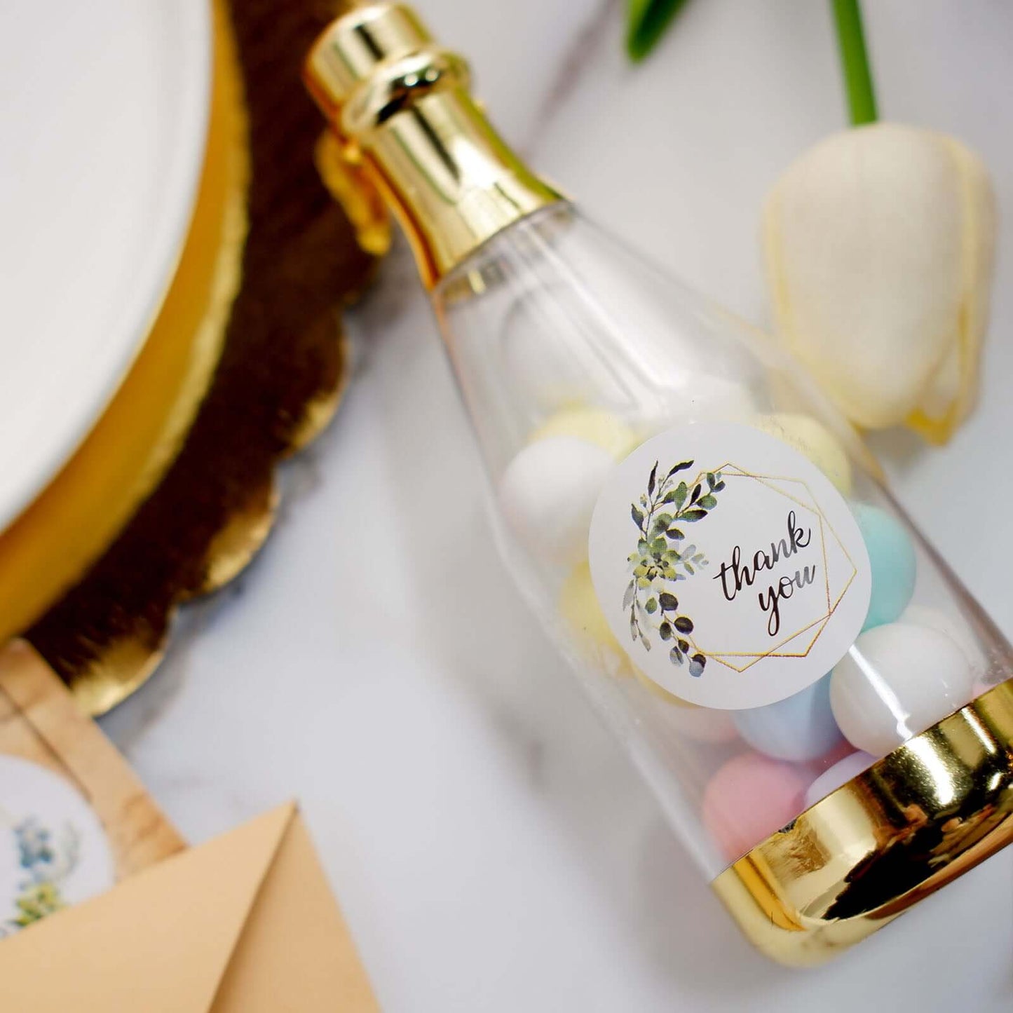 500Pcs 1.5" Thank You Gold and Green Leaf Frame Stickers Roll Décor, Labels and Seals For DIY Envelope - Round