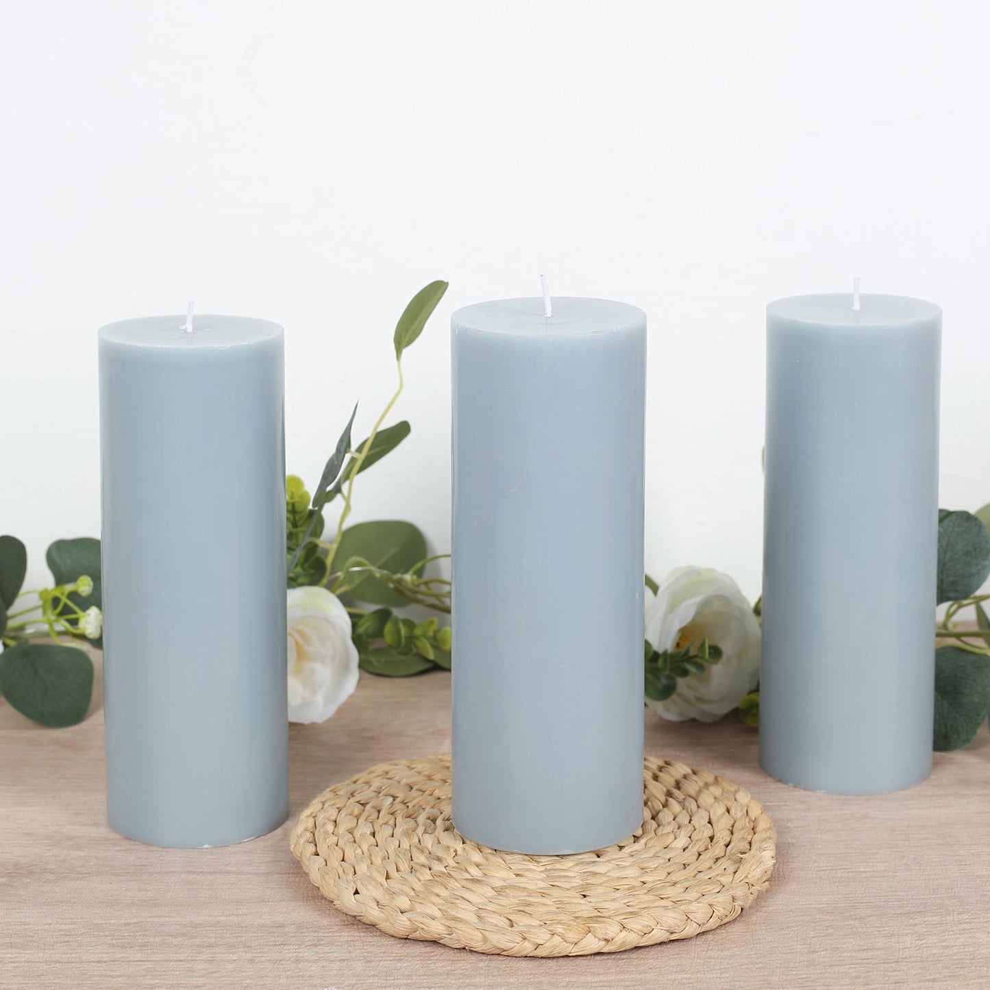 12-Pack 3"x8" Unscented Dripless Pillar Candles – Dusty Blue Long-Burning Wax Candles with Cotton Wicks for Home, Weddings & Event Decor