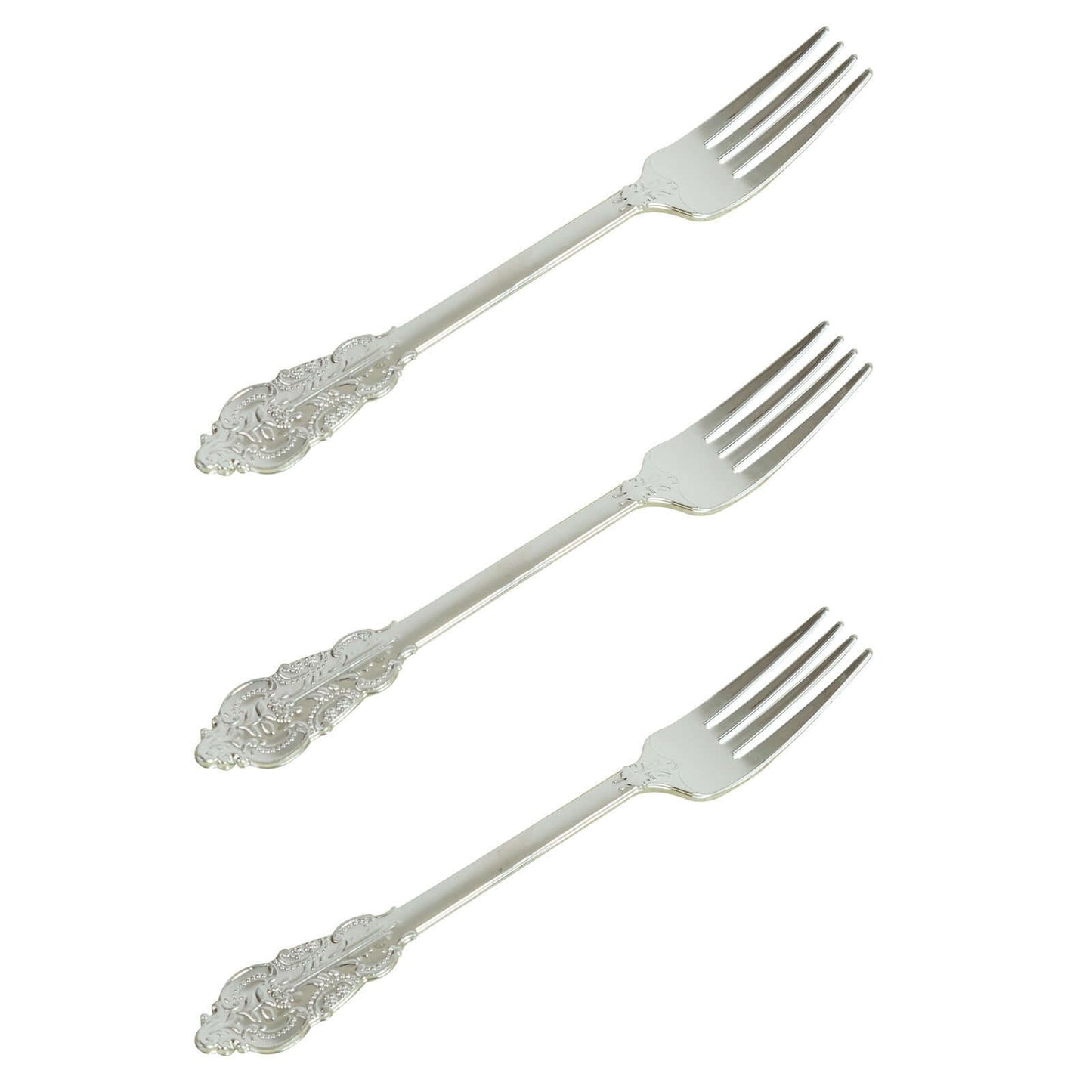 24-Pack Plastic Forks Baroque Style Metallic Silver - Heavy Duty Disposable Silverware 8"