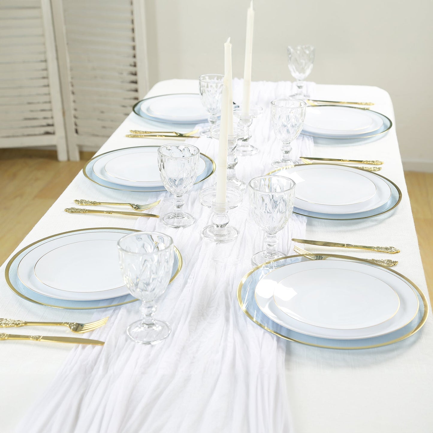 10-Pack Economy Plastic Round Charger Plates 12" in Transparent Dusty Blue with Wide Gold Rim, Decorative Dinner Party Serving Plates