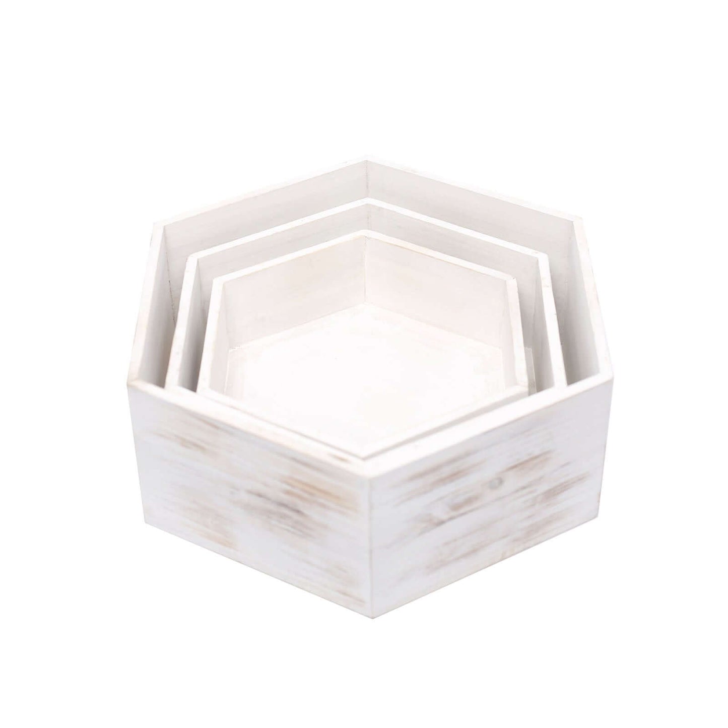 Set of 3 Wooden Dessert Display Boxes Whitewashed Hexagonal Design - Stackable Riser Cake Stand 9", 11", 13"