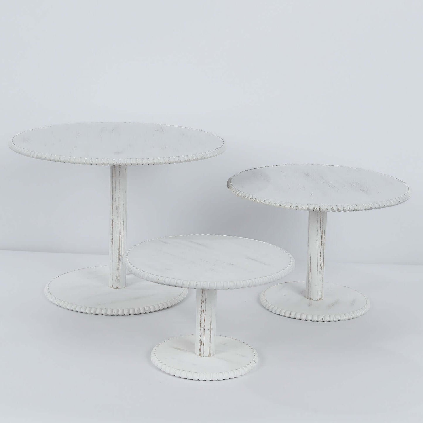 Set of 3 Wooden Pedestal Cake Stands Whitewash with Round Beaded Rim Trays - Stackable Rustic Cupcake Display 8", 10", 12"