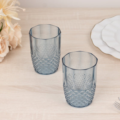 6-Pack Plastic Short Tumblers Dusty Blue Transparent Crystal Cut Style - Reusable All-Purpose Glasses 16oz