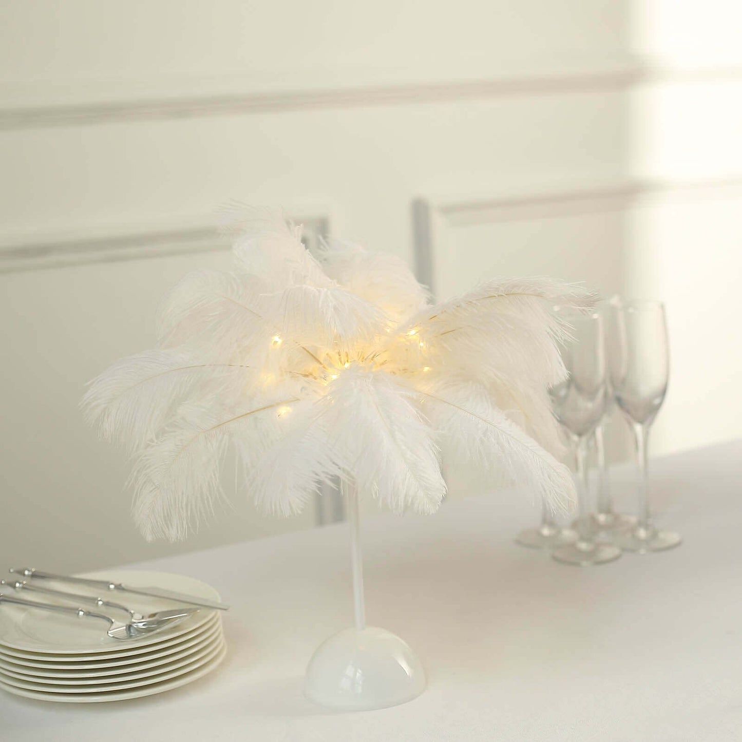 Table Lamp Ostrich Feather Design White LED Battery Operated - Cordless Wedding Centerpiece 15"