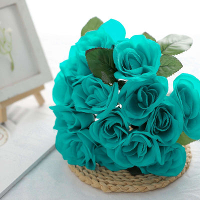 12" Turquoise Artificial Velvet-Like Fabric Rose Flower Bouquet Bush
