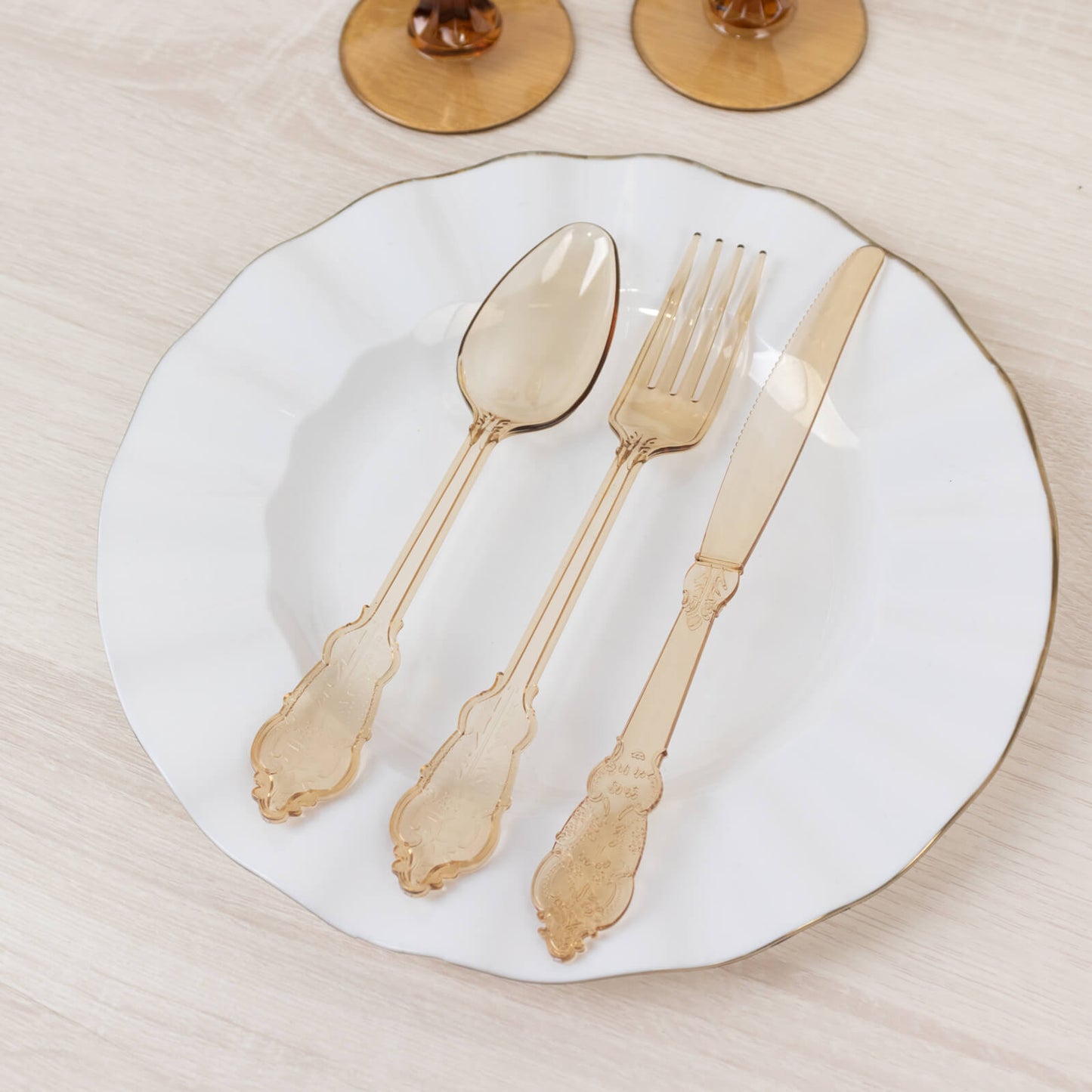 72 Pcs Plastic Silverware Set in Baroque Style Amber Gold - Heavy Duty Disposable Knife, Fork, and Spoon Set