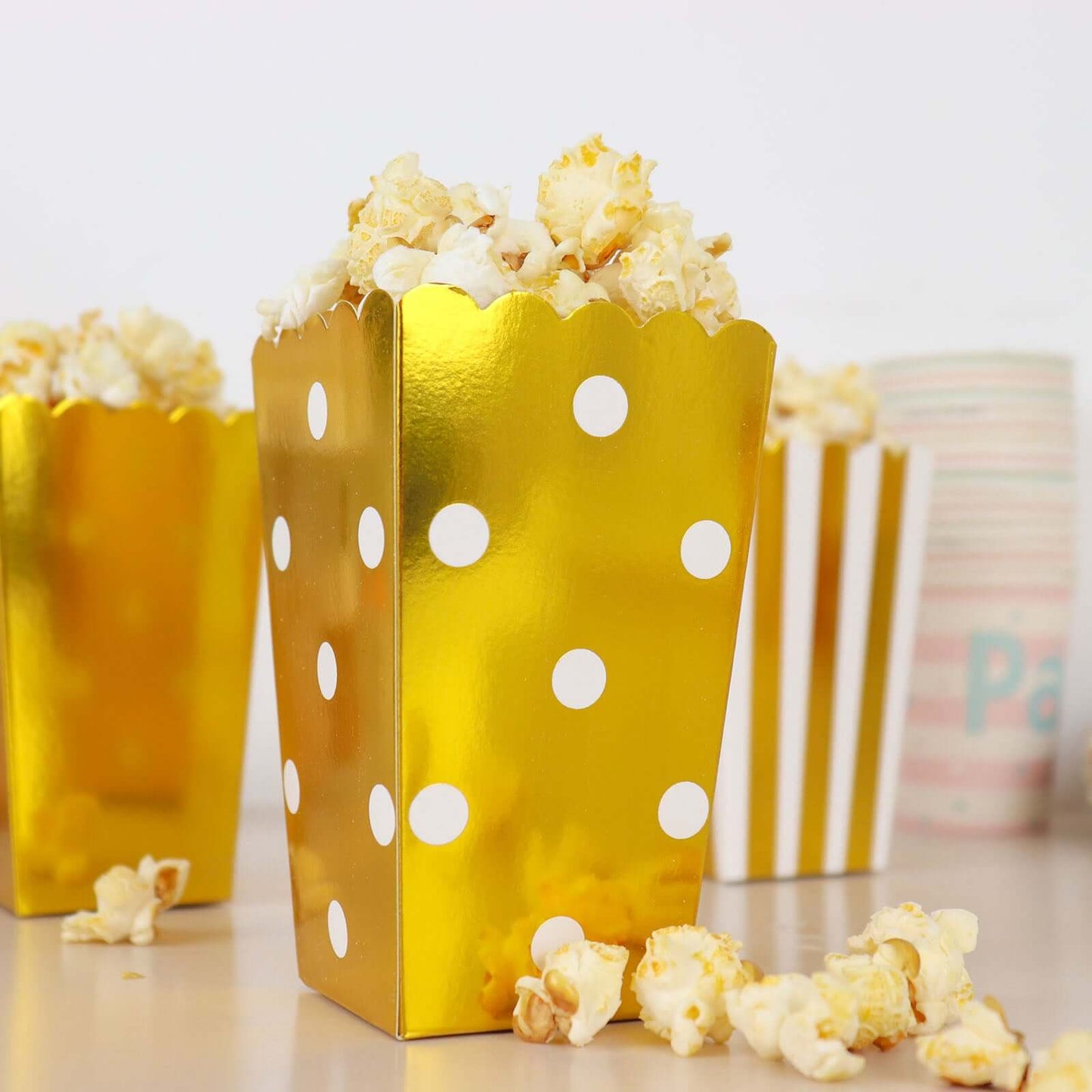 36 Pack 5" White Gold Design Mini Paper Popcorn Boxes, Candy Favor Disposable Bags - Stripe, Polka Dot, Solid Style