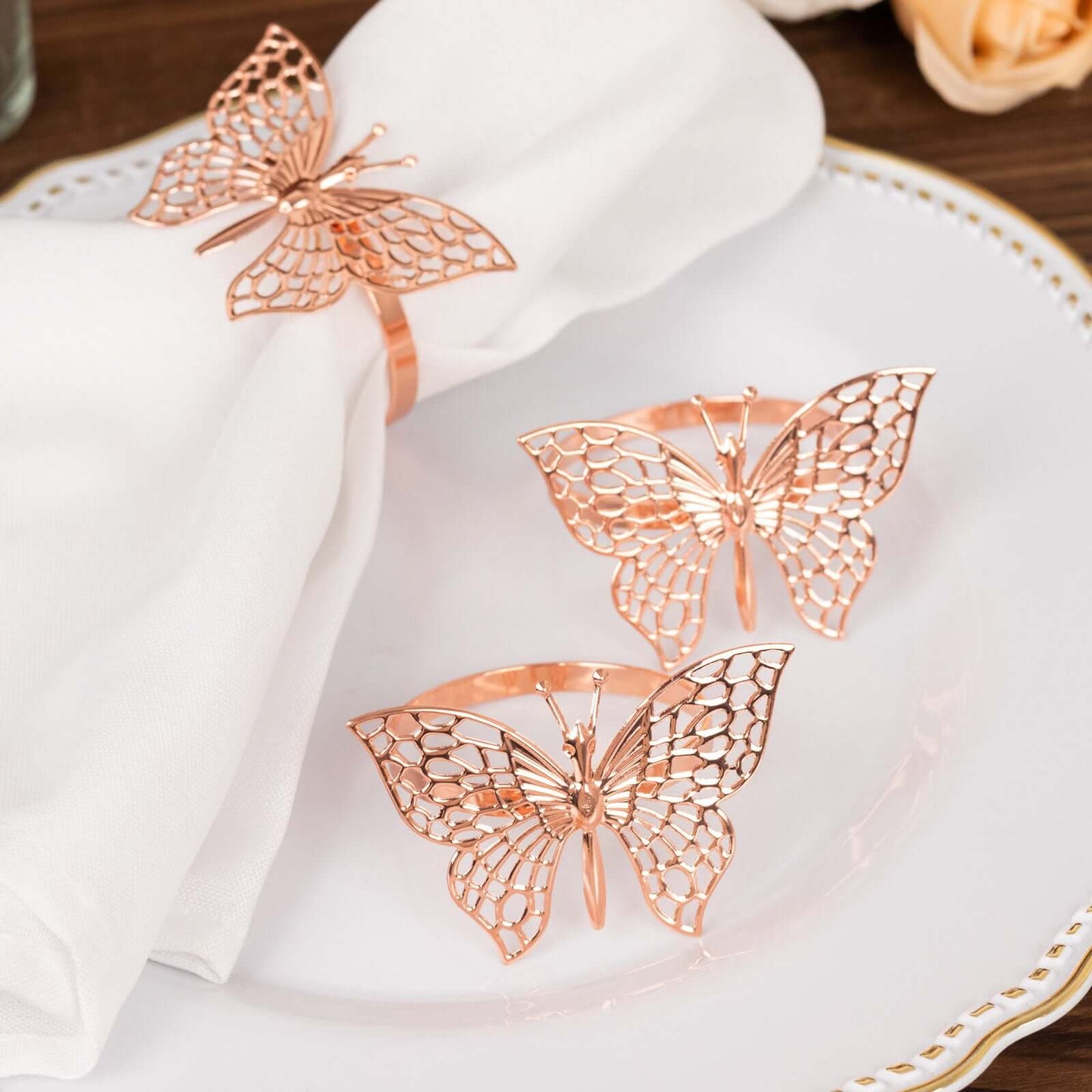 4 Pack Rose Gold Metal Butterfly Napkin Rings, Decorative Laser Cut Cloth Napkin Holders
