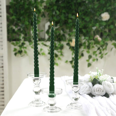 12 Pack 11" Hunter Emerald Green Premium Unscented Spiral Wax Taper Candles, Long Burn Wick Dinner Candle Sticks
